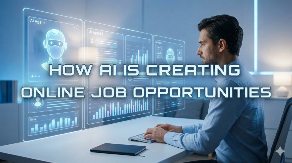 2026 futuristic home office showing a professional collaborating with holograms, with a superimposed title text: "HOW AI IS CREATING NEW ONLINE JOB OPPORTUNITIES