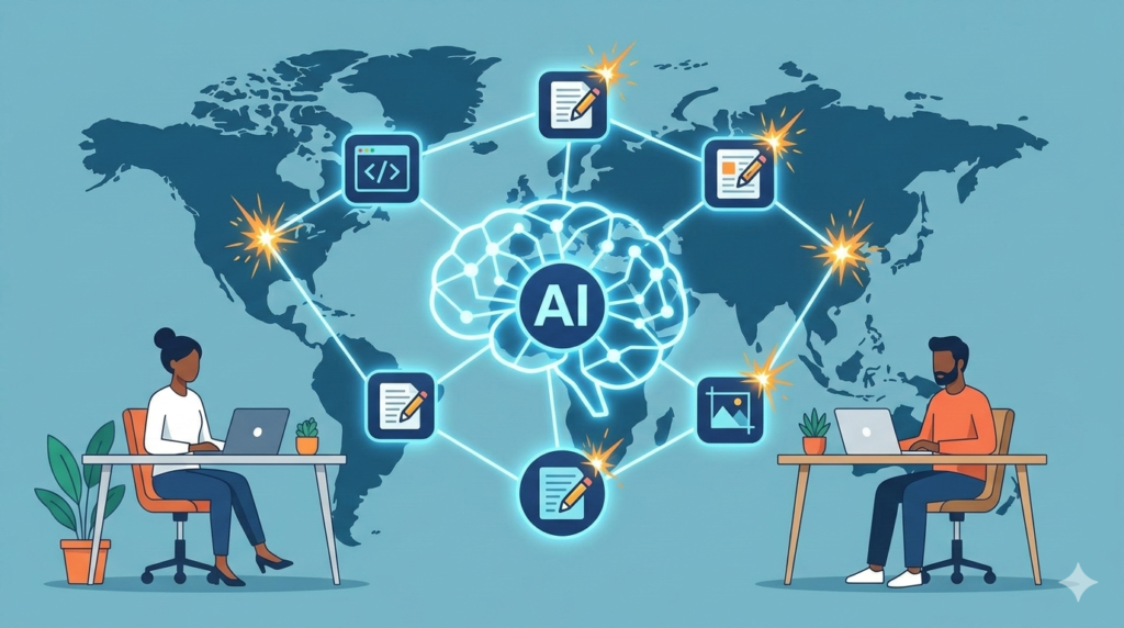 Conceptual illustration of a global network connecting diverse professionals through AI-powered digital tools.