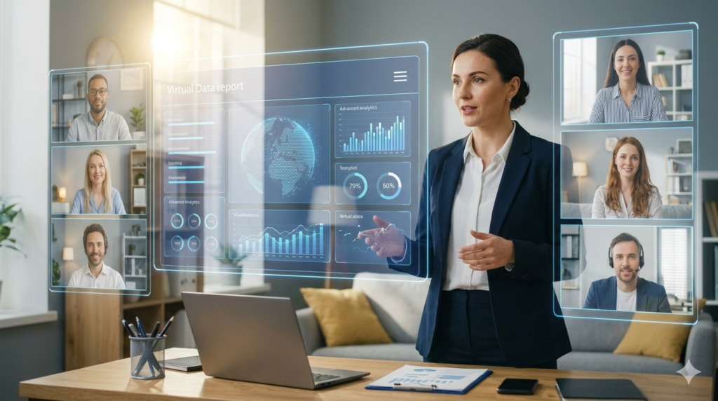 A professional woman using AI data visualization to lead a virtual team meeting.