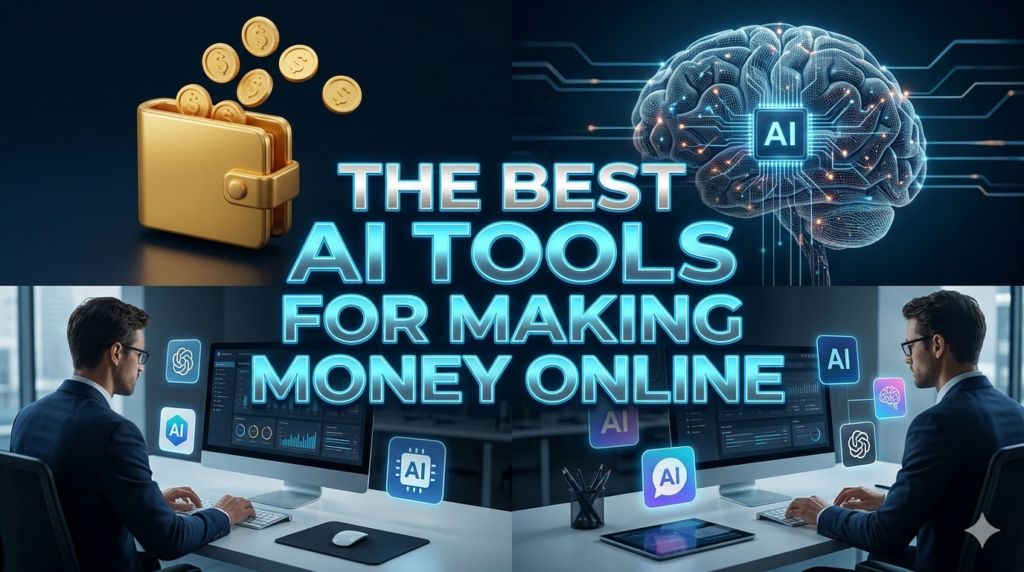 2026 futuristic digital workspace showing a professional managing AI apps, with a glowing central title text that reads: "THE BEST AI TOOLS FOR MAKING MONEY ONLINE