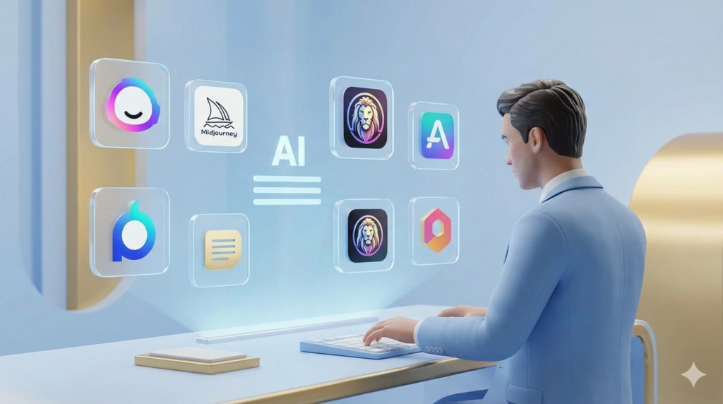 AI-powered content creation dashboard showing floating holographic icons of populares AI writing and design tools.