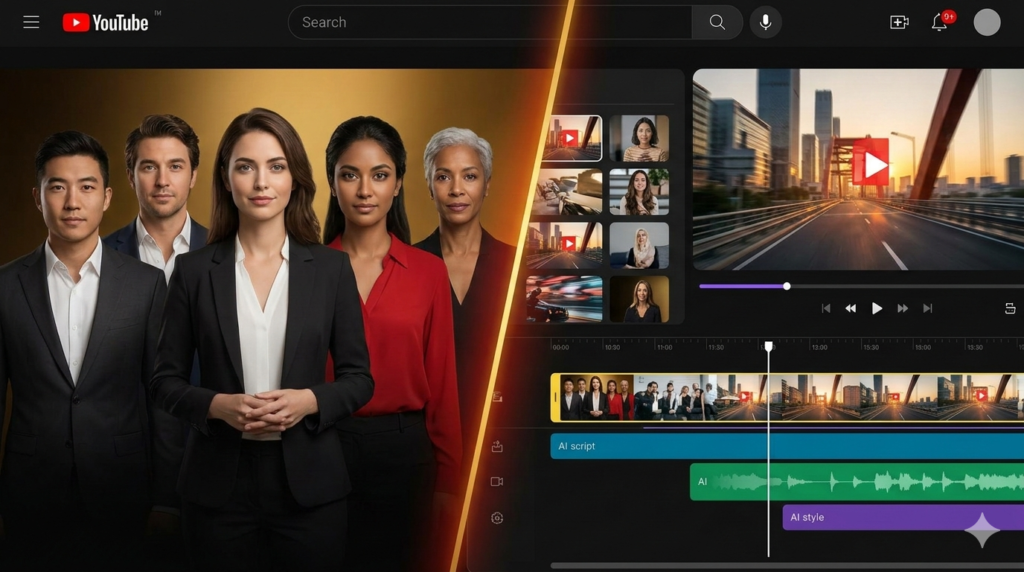 A split-screen YouTube creator interface showing diverse realistic AI avatars presenting in different languages and rapid video editing from scripts.