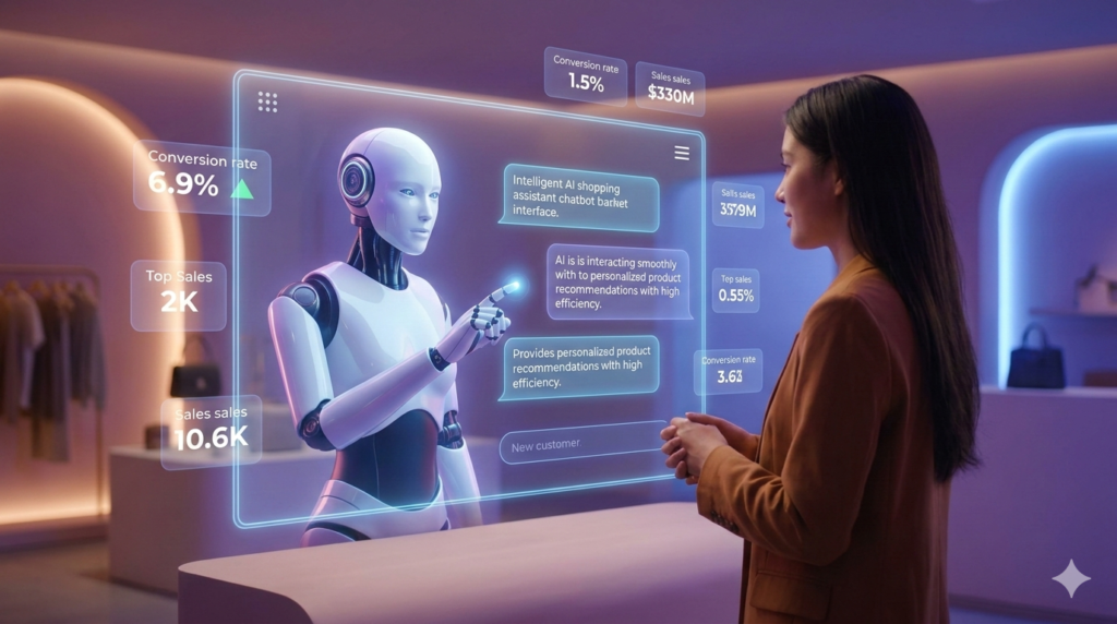 An intelligent AI shopping assistant chatbot interface interacting smoothly with a human customer, providing personalized product recommendations with high efficiency.