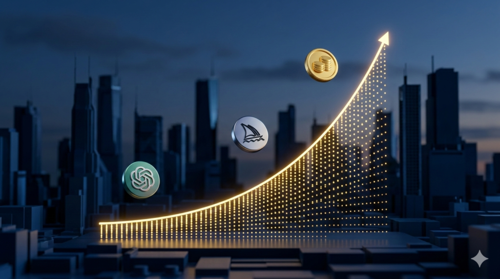 A 3D graph showing exponential revenue increase made of glowing golden data points. Floating small 3D metallic icons of AI logos and coins.