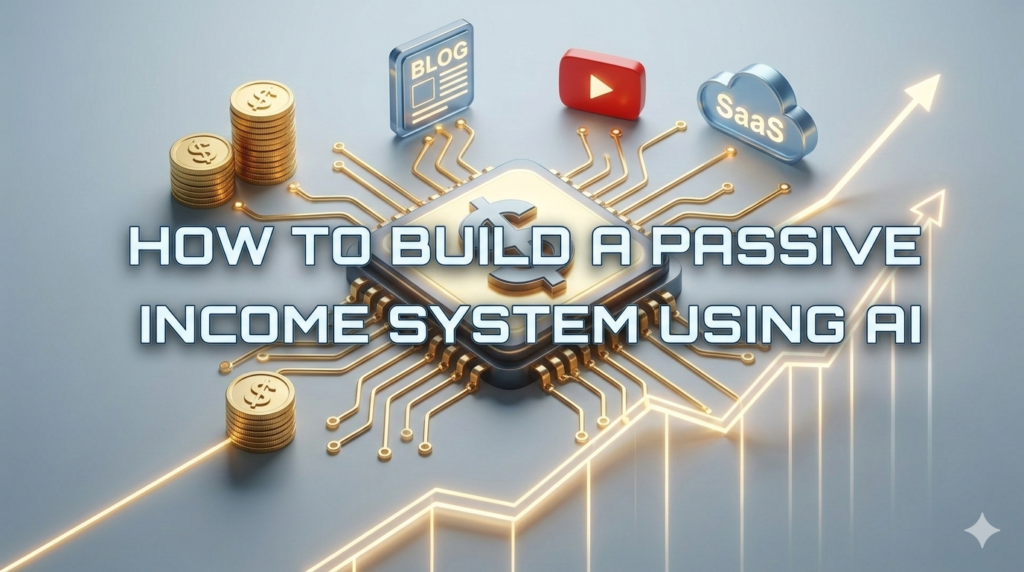 2026 futuristic wealth-building visualization showing a professional architecting asset streams through an AI system, with glowing central text: "HOW TO BUILD A PASSIVE INCOME SYSTEM USING AI".