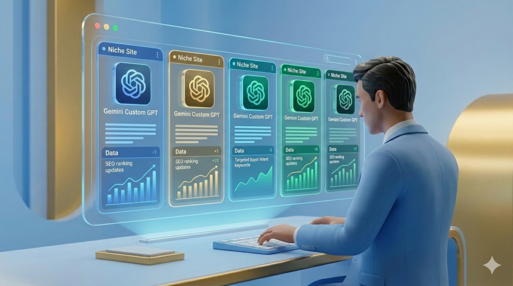 A focused digital professional managing five organized niche content streams simultaneously on a sleek, transparent interface. Real-time SEO rankings are visible.