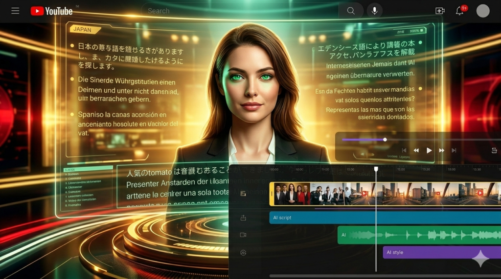 A synthetic, photorealistic AI-generated female presenter avatar created by specialized Gemini extensions, built upon the split-screen concept in image_12.png