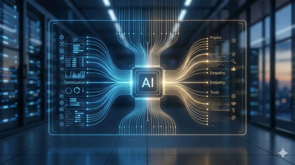 A dynamic digital interface where standard optimization data converges into a core, but a soft gold light divergences from this core, as conceptualized in image_3.png, representing the 'Empathy Gap' in an AI system.