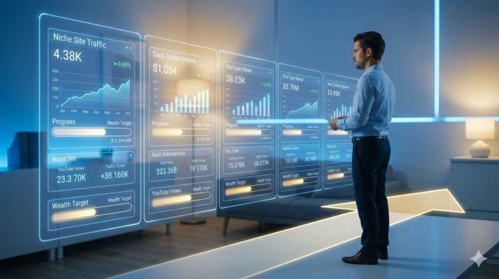 A futuristic workplace where a digital professional manages five organized automated asset streams simultaneously, indicating the direction of progress. Built upon image_0.png.