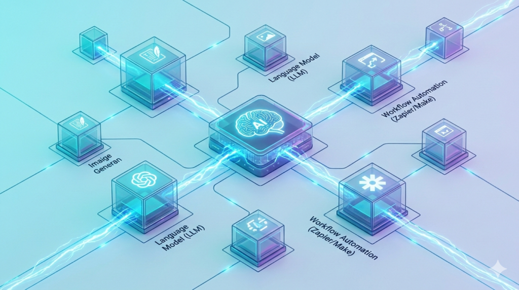 A futuristic blueprint schematic of interconnected digital modules representing an AI tech stack including LLMs, Image Generation, and Automation.