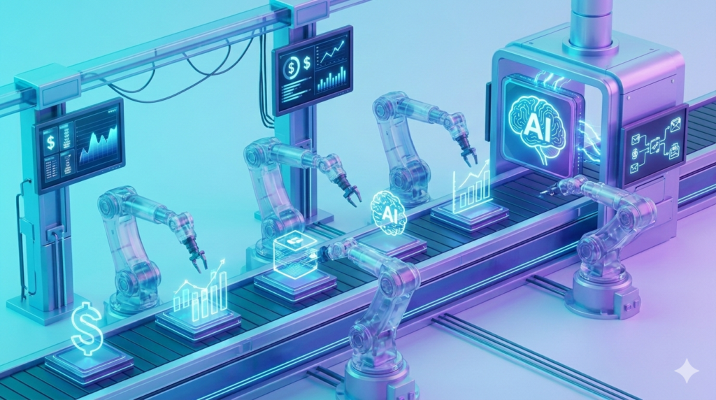 A futuristic high-tech automated assembly line using translucent robotic arms to process data structures and business icons, symbolizing automated workflows with AI agents.