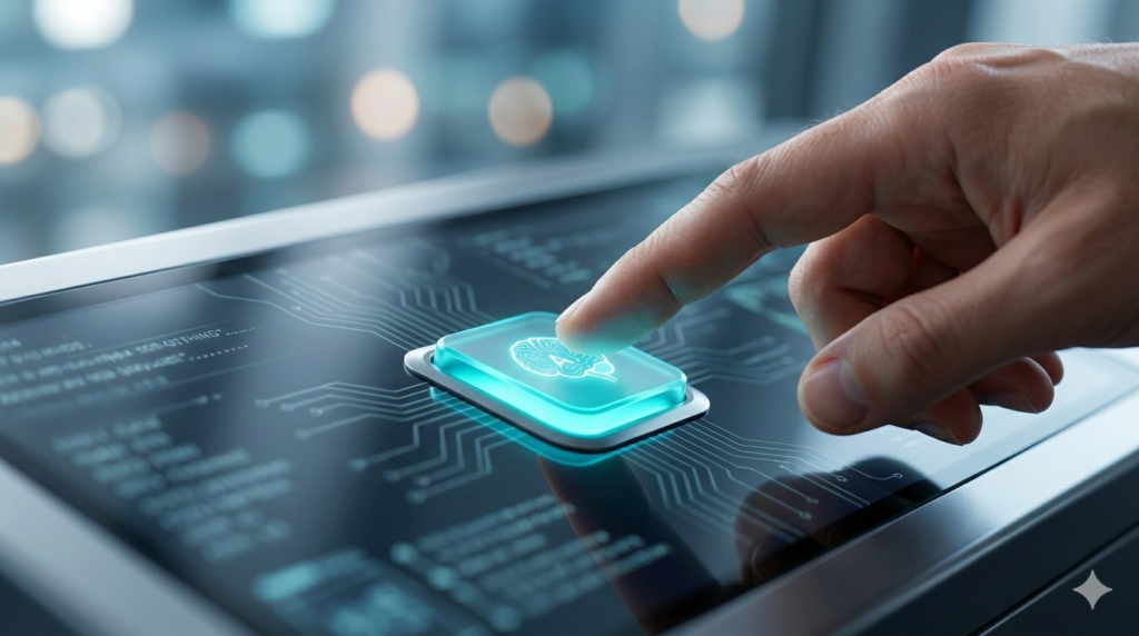 A close-up focusing on a finger poised to press a futuristic glowing cyan button with an AI brain icon, emphasizing taking action to start the AI side hustle.