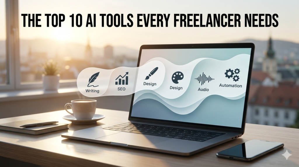 The best AI tools for freelancers header image showing a modern laptop on a productive desk at sunrise in 2026.
