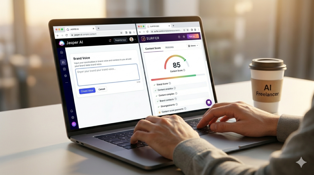 Close-up hands typing on a laptop with two screens showing JASPER AI and SURFER SEO interfaces with high content score and brand voice optimization.