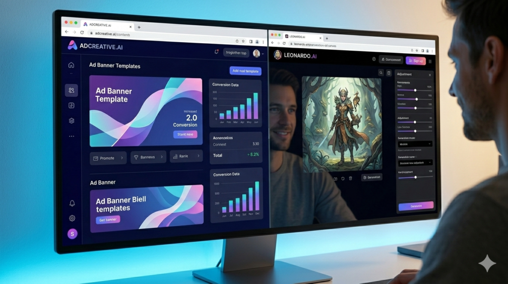Large macro photograph focused on a vertical monitor screen split showing ADCREATIVE.AI flowing geometric templates on left, LEONARDO.AI detailed illustration canvas on right. Blue light dominates the scene.