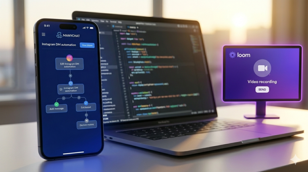 Photograph focusing strictly on a large smartphone displaying Manychat dashboard and a secondary Purple monitor showing a Loom video recording screen. Neon glows.