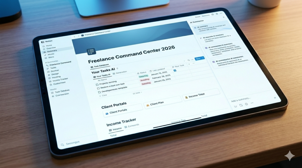 Close-up strictly focused photograph of a tablet screen strictly showing NOTION interface as a professionally organized 'Freelance Command Center' with stylized sections and databases. Screen glows cool blue.