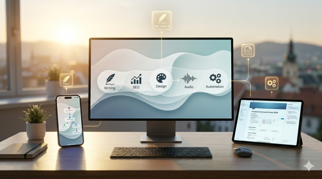 Wide photograph of the successful, highly integrated automated freelance desk from previous images, bathed in rich evening sunset glow. Screens display active data flows. Golden holographic icons float gently. Focused exclusively on desk.