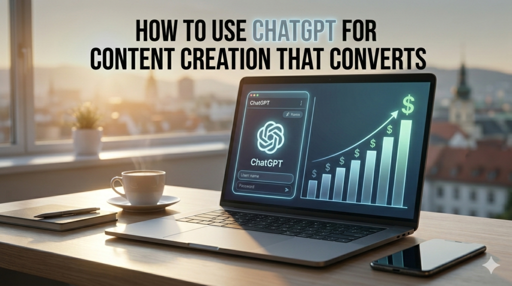Header image for 'How to Use ChatGPT for Content Creation That Converts' featuring a glowing screen with ChatGPT and increasing conversion graphs in a focused office at sunrise