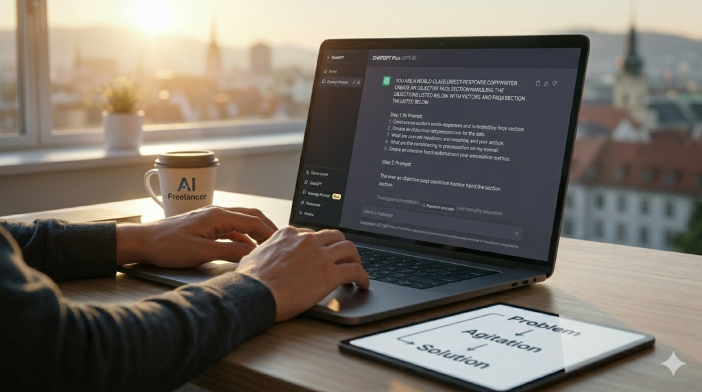 Close-up hands typing strictly focused prompt on CHATGPT interface: 'YOU ARE A WORLD-CLASS DIRECT-RESPONSE COPYWRITER...' in a home office similar to image_8.png with blurred Graz city views.