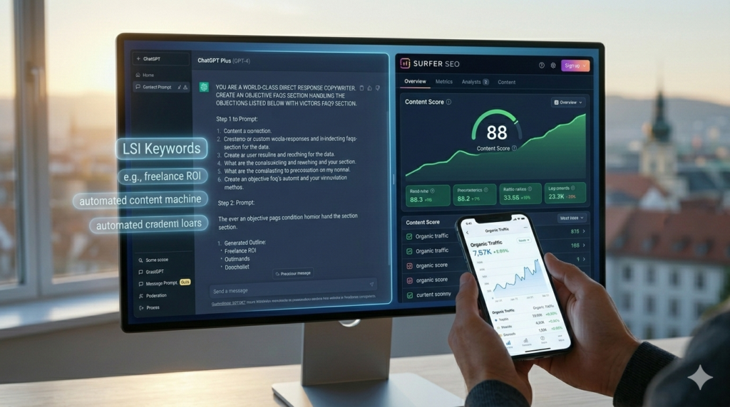Close-up directly focused photograph strictly showing the monitor screen from image_8.png, viewed directly, with CHATGPT Plus outline incorporating 'freelance ROI' LSI terms and Surfer SEO interface showing high content score (88). cool blue light contrast.