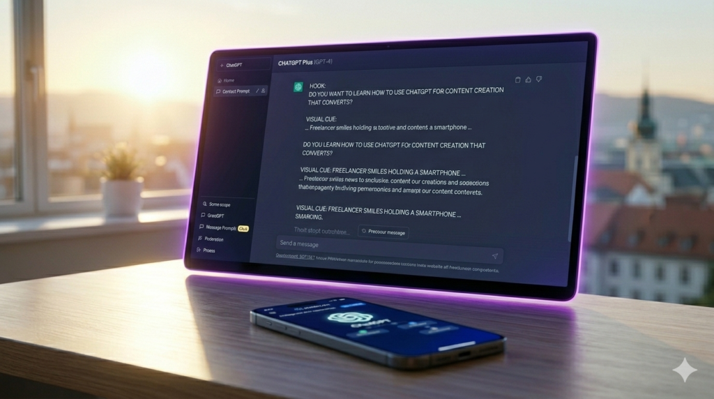 Close-up directly focused on monitor screen showing CHATGPT (Plus) generating a structured video script including 'Visual Cue: Freelancer smiles holding smartphone...' in the same productive home office as image_8.png with blurred Graz city views. Soft purple/blue glows.