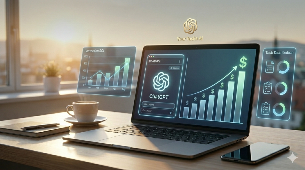 Focused macro photograph strictly focused on successful, highly integrated automated freelance desk (from image_8.png) bathed in sunset glow.