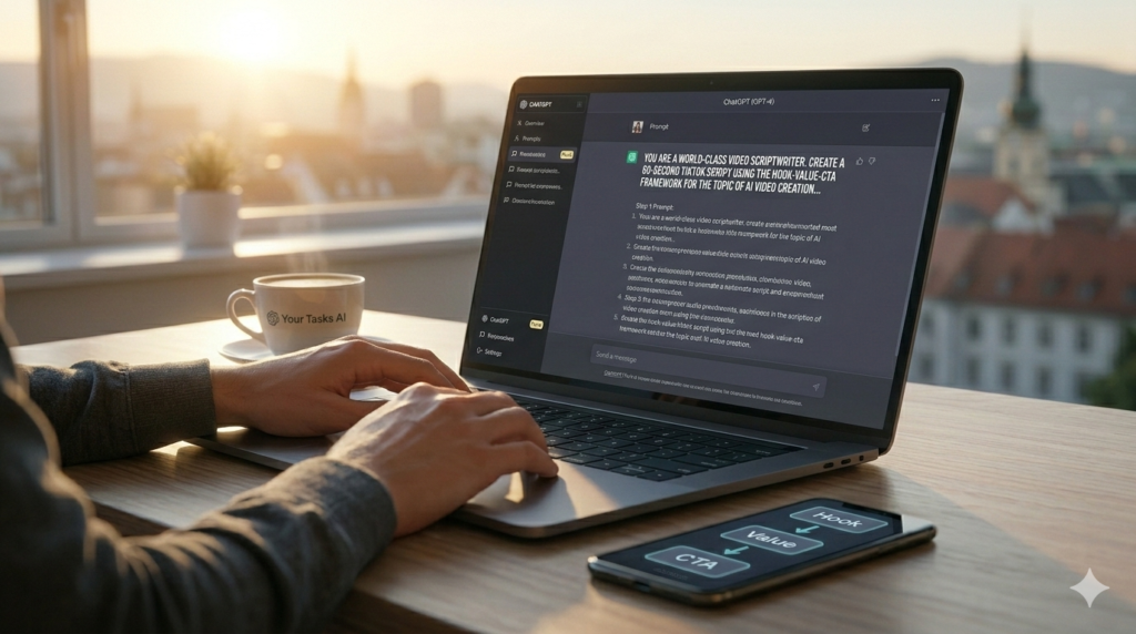A close-up of a freelancer's hands typing a detailed prompt for a video script into the ChatGPT interface on a laptop.