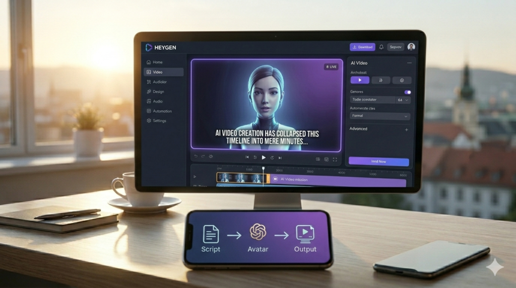 monitor screen displaying the HeyGen interface, featuring a realistic 2D AI avatar speaking a script about AI video creation.