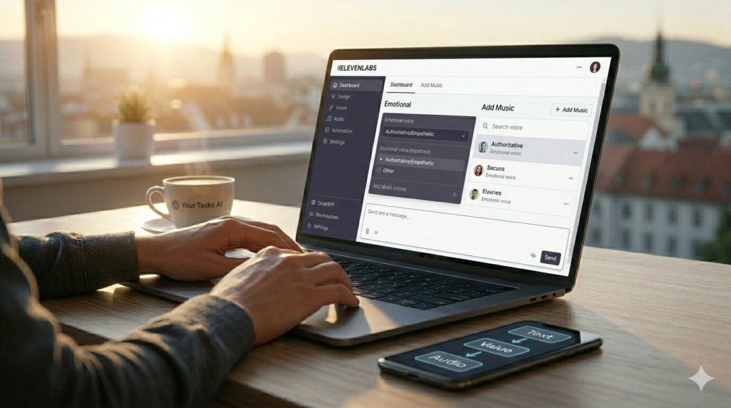 A close-up of a freelancer's hands using a laptop to access the ElevenLabs interface for selecting emotional AI voices and adding music.