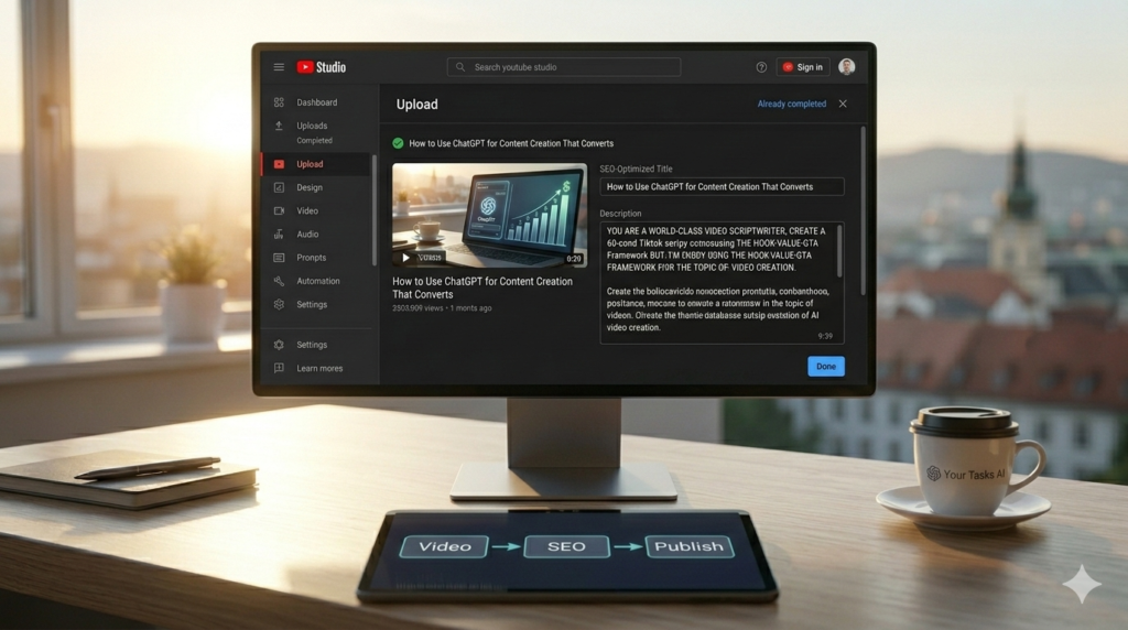 A monitor screen showing the YouTube Studio upload interface for an AI-generated video, with SEO-optimized title and description fields visible.