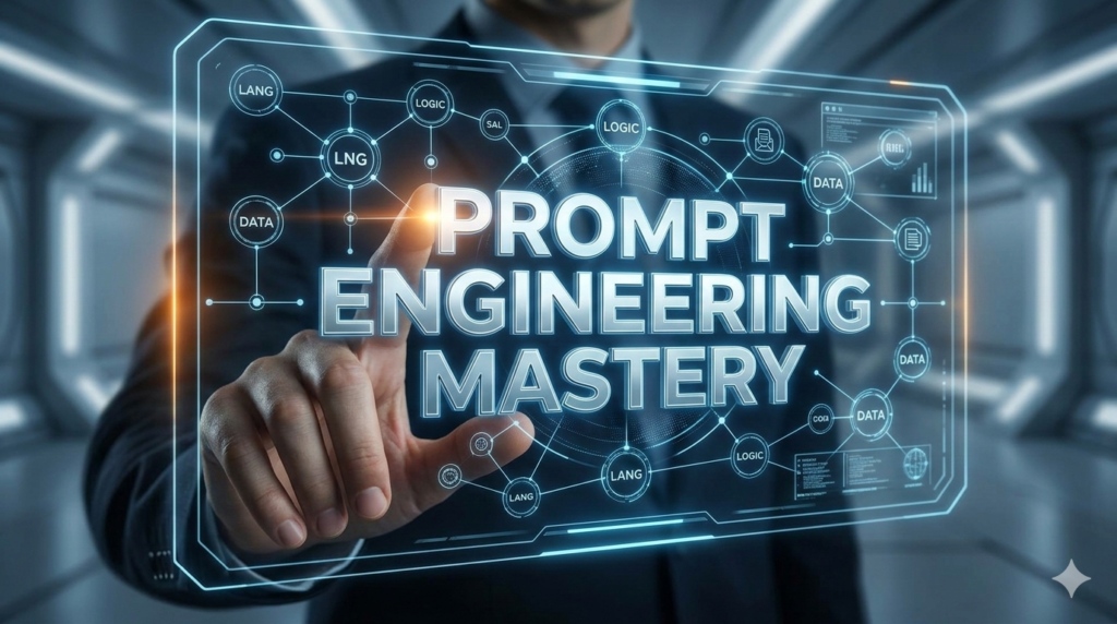 Cover image for Prompt Engineering Mastery, depicting a human hand interacting with a glowing holographic AI interface displaying nodes of logic and data.