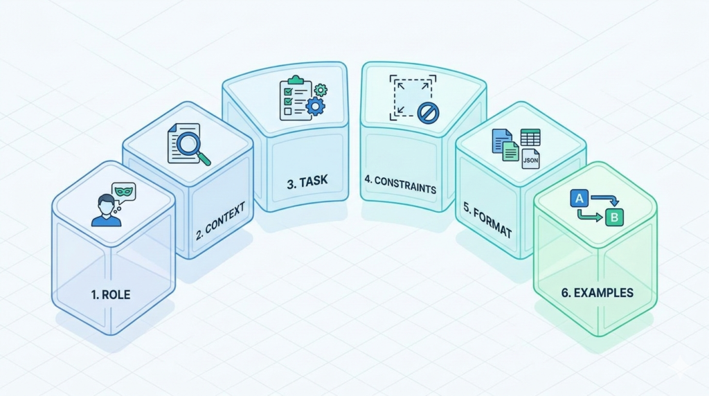 An infographic illustrating the six core components of a perfect prompt: Role, Context, Task, Constraints, Format, and Examples.