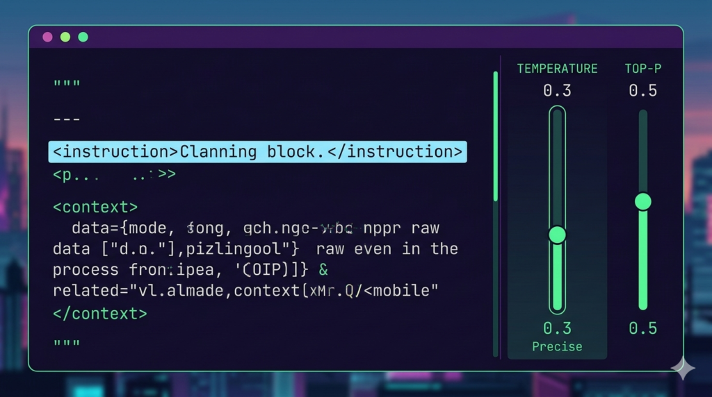 A technical interface displaying the use of delimiters, XML tags, and graphical sliders for Temperature and Top-P settings in an AI model.