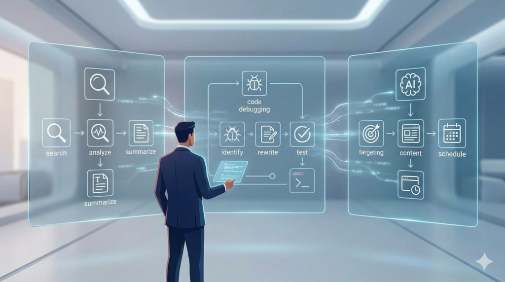 Three interconnected professional workflow panels showing how prompt mastery is applied to Content Research, Code Debugging, and Marketing Campaigns.