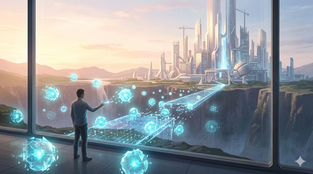 A futuristic landscape where a single human figure directs a swarm of autonomous AI agents to build a digital data bridge.