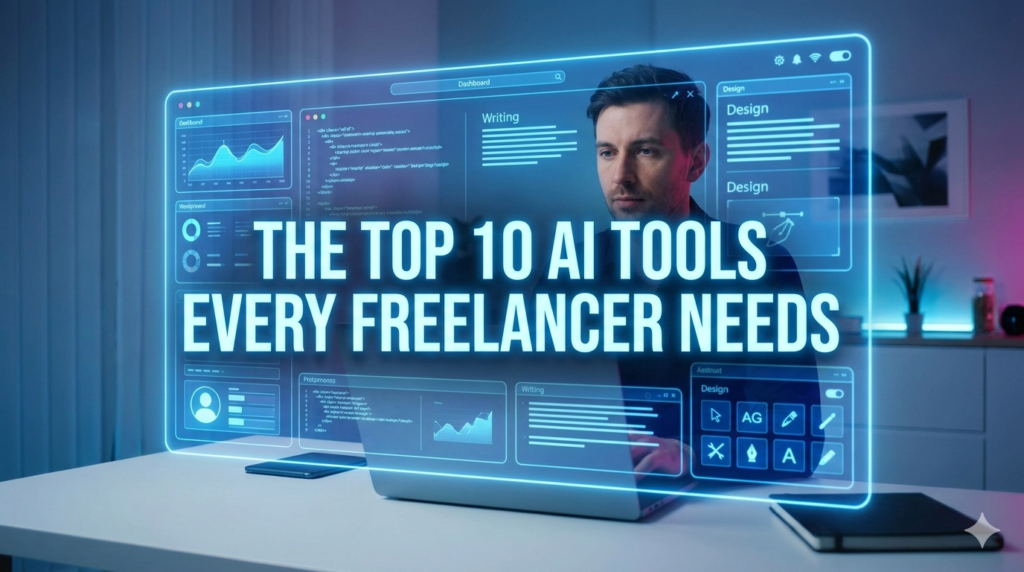 Freelancer using a glowing holographic dashboard titled 'THE TOP 10 AI TOOLS EVERY FREELANCER NEEDS' in a high-tech modern office.