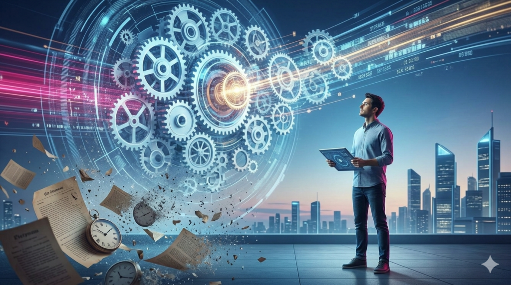 A solo freelancer calmly controlling a massive, accelerating force field of glowing light gears and data, symbolizing the force multiplier effect of AI.