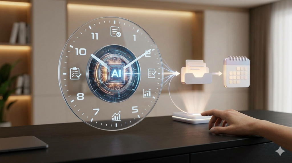 A sophisticated 3D time management concept where a human hand guides an AI-integrated clock automating meeting notes, scheduling, and analytics.