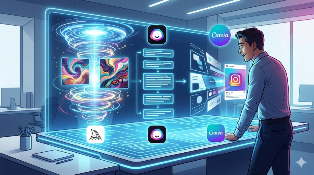 A freelancer looking at a professional visual content creation workbench displaying three distinct creative pillars: AI image generation, automated marketing copy, and sleek design elements.
