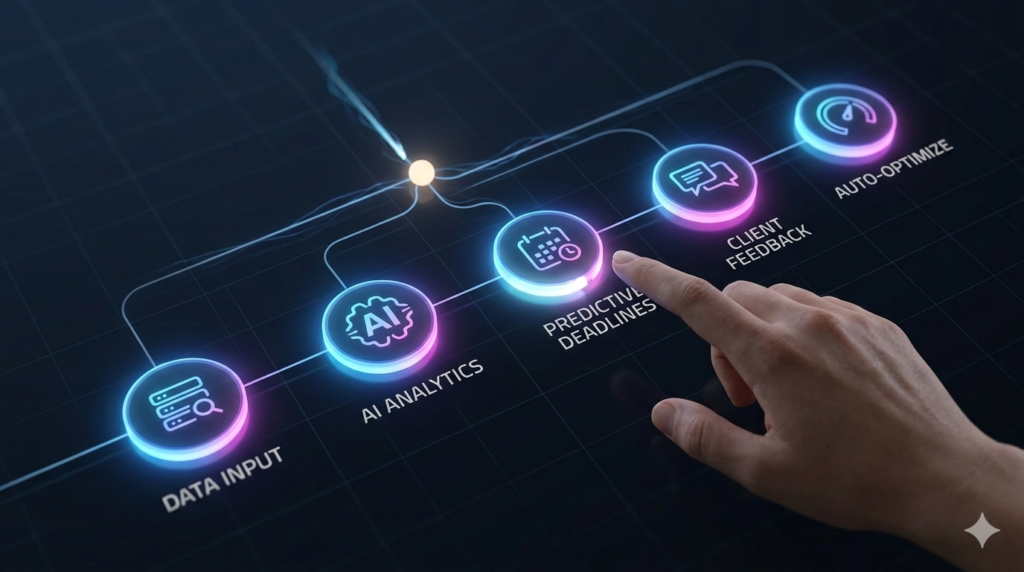 A close-up 3D visualization of a single central light particle moving through a network, highlighting interconnected AI icons like Predictive Deadlines and Client Feedback.