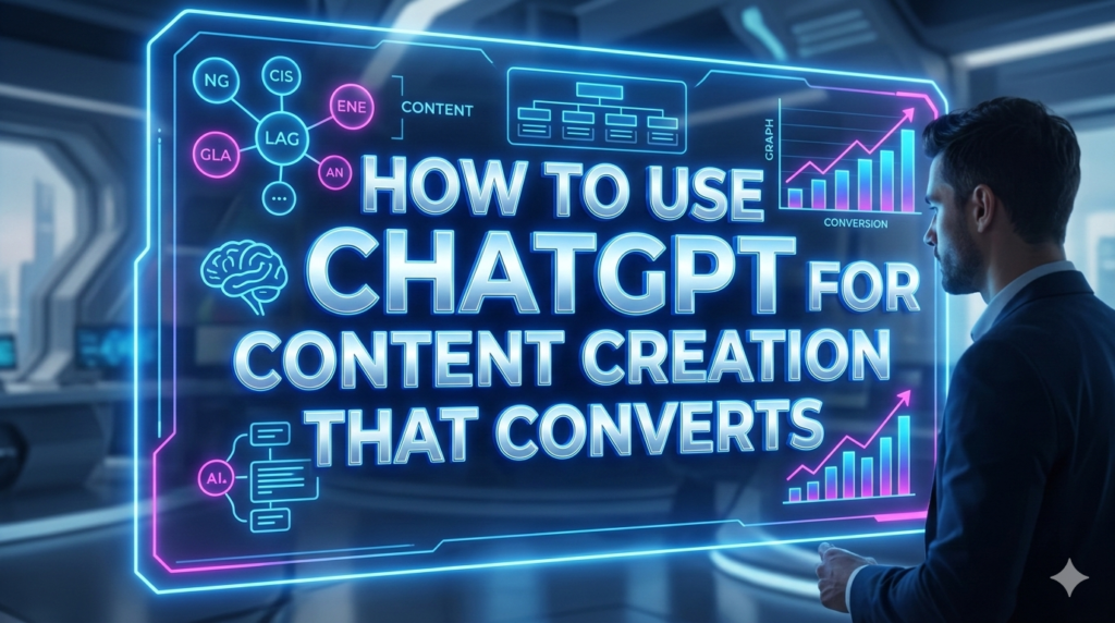 Futuristic digital marketing professional interacting with a holographic interface titled 'HOW TO USE CHATGPT FOR CONTENT CREATION THAT CONVERTS'.