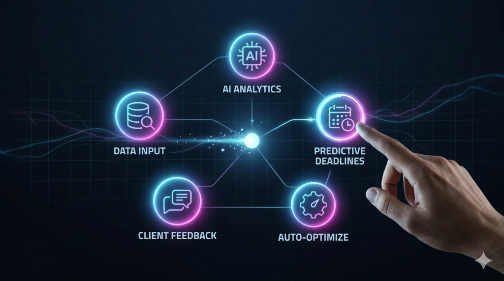 Infographic visualization of a data workflow using interconnected glowing icons for Data Input, AI Analytics, Predictive Deadlines, and Auto-Optimize.