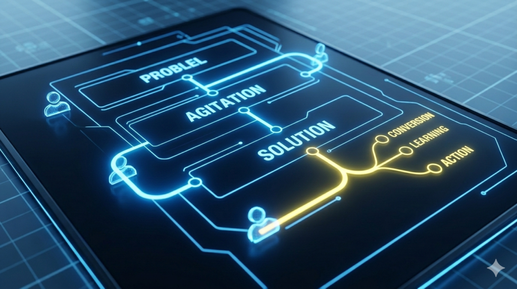 Futuristic blueprint visualization mapping out a complex document structure with sections for Problem, Agitation, Solution, Action, and Conversion nodes.