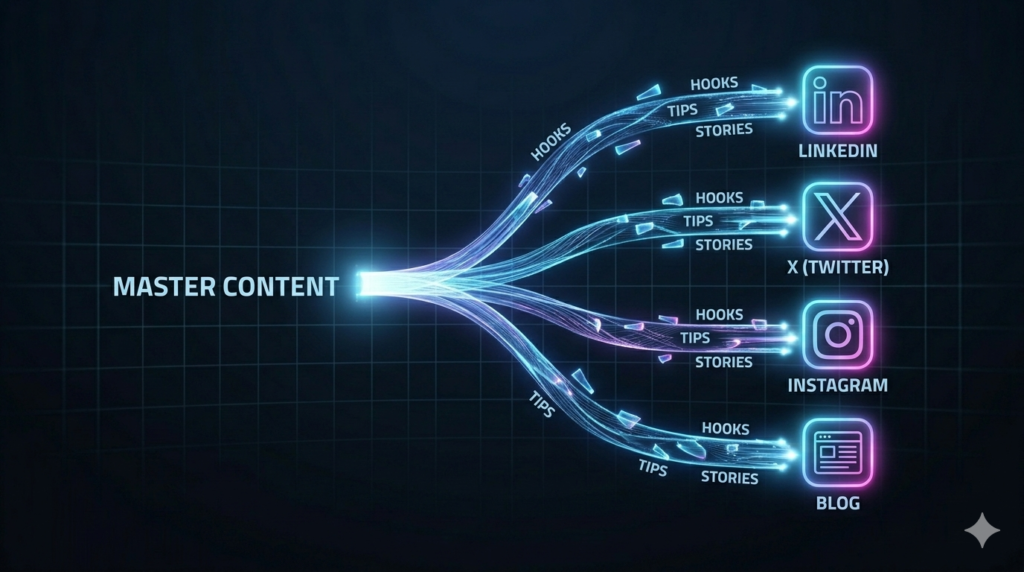 A futuristic visual diagram on a dark digital workspace showing a single central light beam titled 'MASTER CONTENT' splitting into four distinct streams: LinkedIn, X (Twitter), Instagram, and Blog.