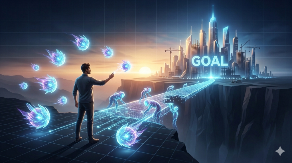 Confident human figure orchestrating a swarm of glowing AI agents that are building a data bridge towards a shimmering goal city.