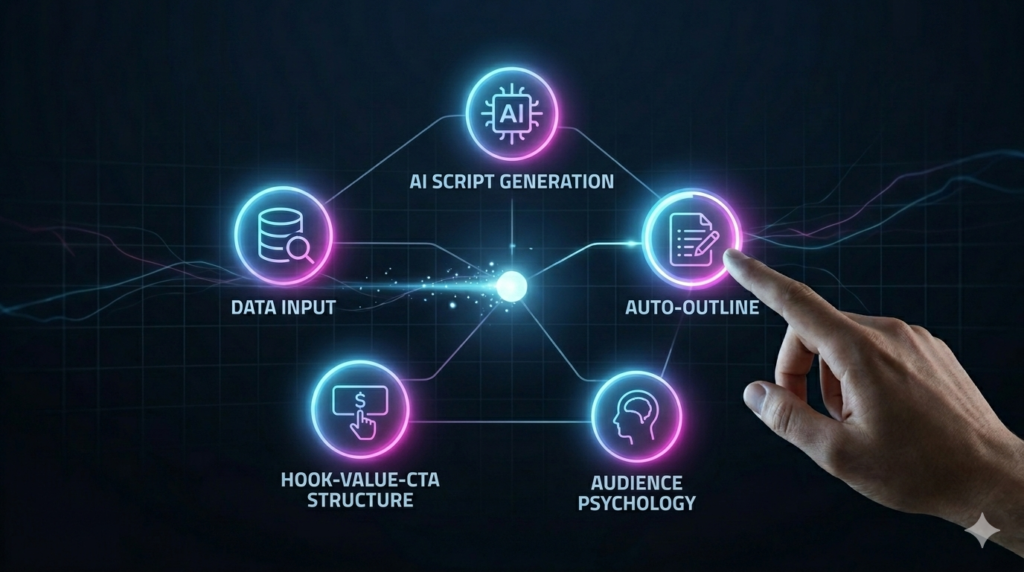 Infographic visualization of an automated scripting workflow using interconnected glowing icons for Data Input, AI Script Generation, and Audience Psychology.