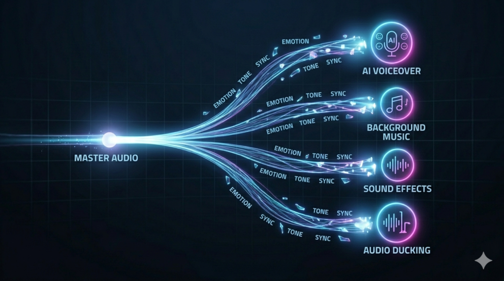 A futuristic visual diagram on a dark digital workspace showing a central 'MASTER AUDIO' beam splitting into four streams: AI Voiceover, Background Music, Sound Effects, and Audio Ducking