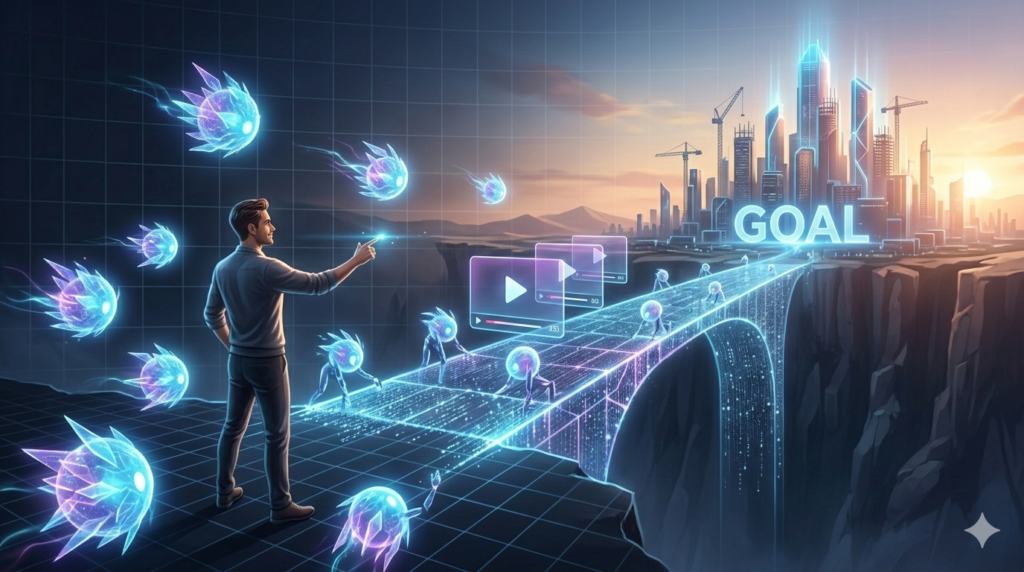 Confident human figure orchestrating a swarm of glowing AI agents that are building a data bridge towards a shimmering goal city.