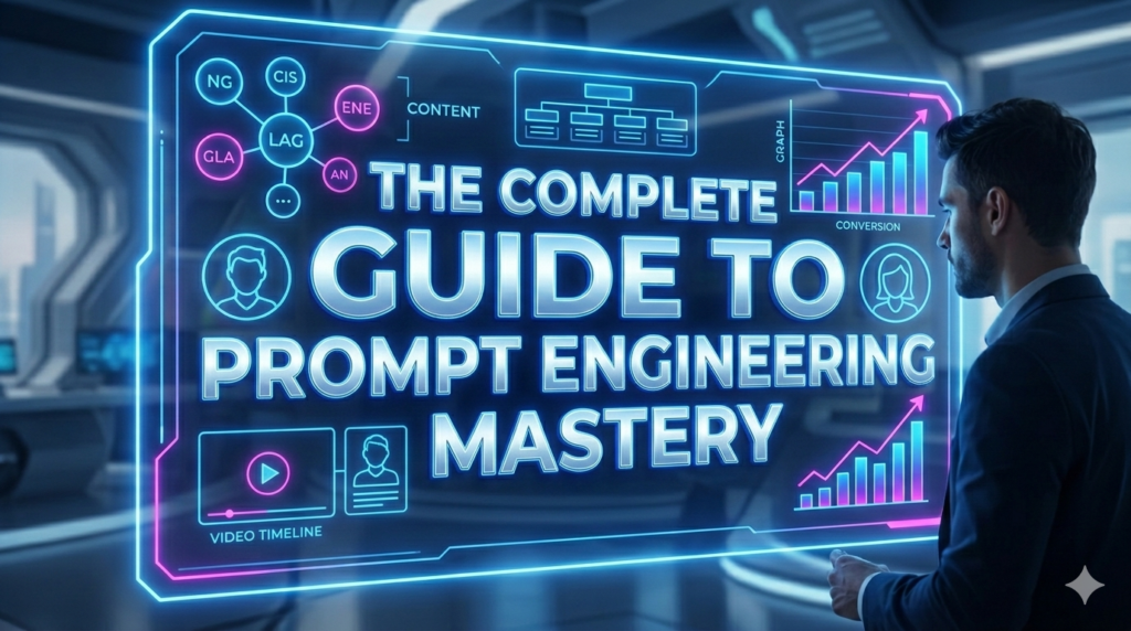 Futuristic digital marketing professional interacting with a holographic interface titled 'THE COMPLETE GUIDE TO PROMPT ENGINEERING MASTERY'